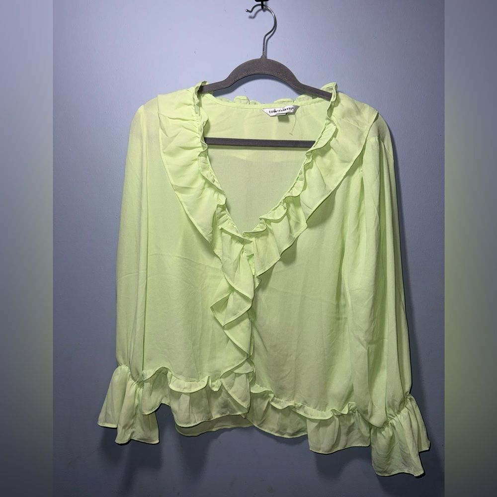 Counterparts Green Bright Romantic Sexy Ruffle Feminine Blouse Size Large NWT